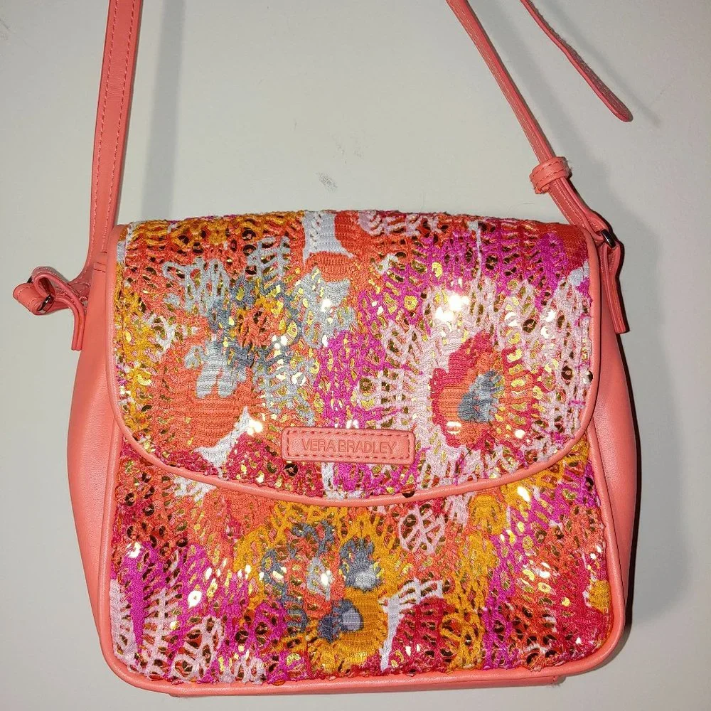 Vera Bradley Crochet Sparkle  Pixie Blooms Crossbody Pink Gold